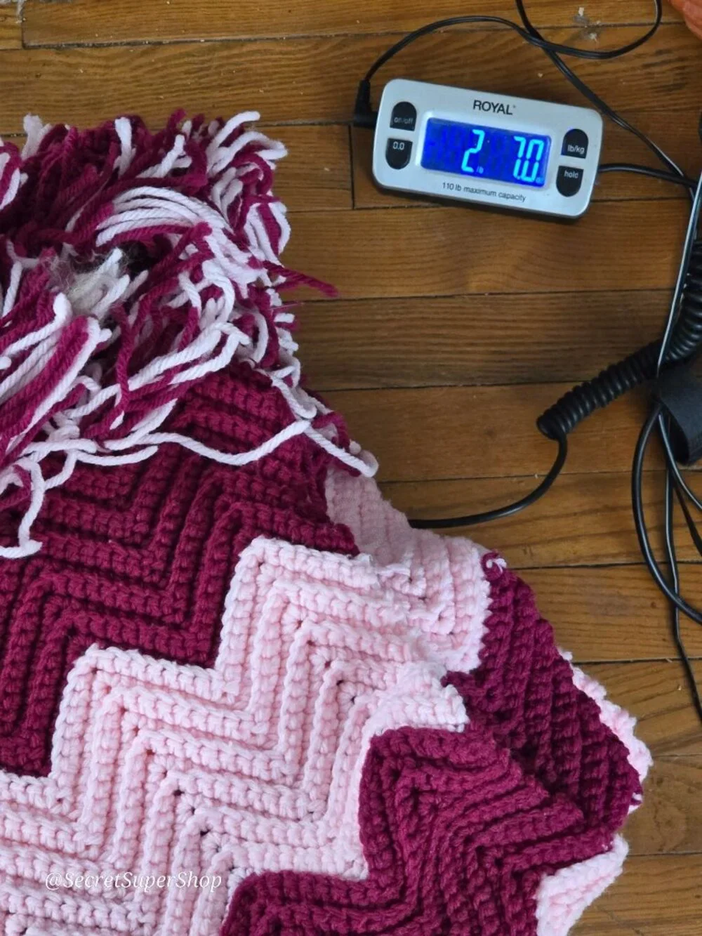Vintage Handmade Chevron Afghan Blanket Pink Burgundy Fringed Knitted 72
